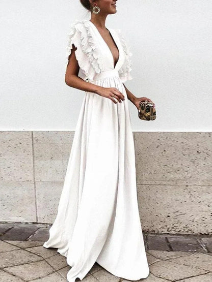 LB | Elegancka sukienka z dekoltem w szpic i marszczonymi rękawami