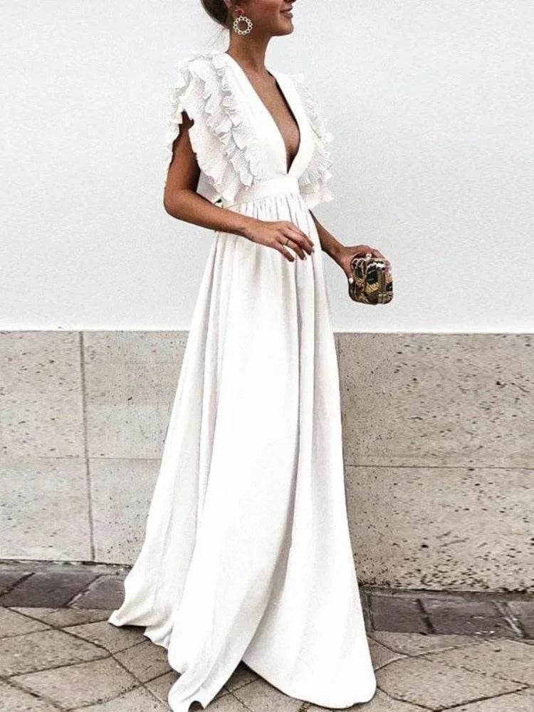 LB | Elegancka sukienka z dekoltem w szpic i marszczonymi rękawami